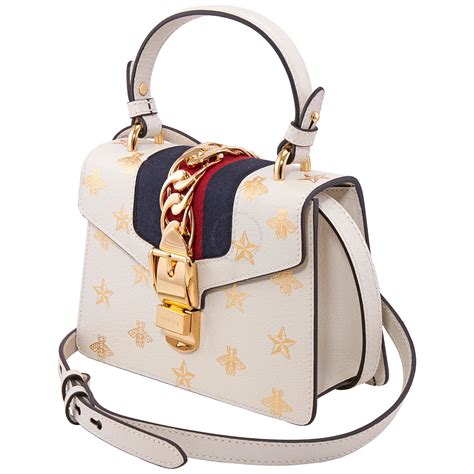 Gucci White / Gold / Blue Ladies Sylvie Bee Star Mini Leather Bag